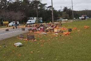 Un camión perdió su carga de frutas y verduras en Solanas